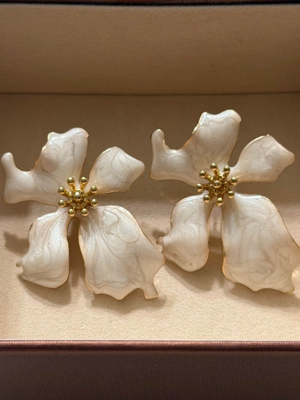 Golden Ivory White Exaggerated 3D Irregular Flower Enamel Statement Earrings